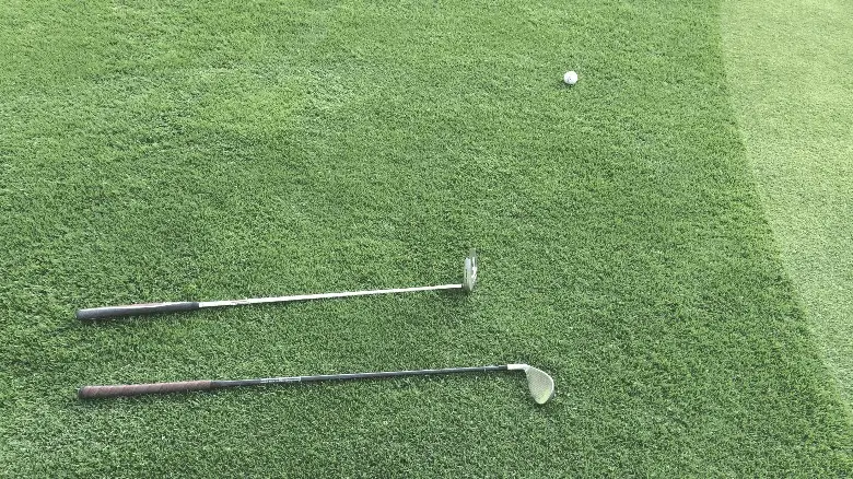 Two golf clubs and a ball in the ground on the putting green
